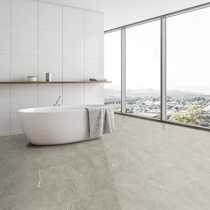 Sitting Pretty marble look in luxury vinyl tile flooring installed in a minimalist bathroom