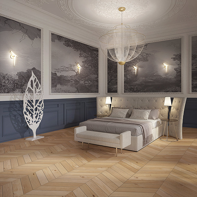Cosmopolitan Naked European Oak Hardwood Chevron in a Bedroom Setting