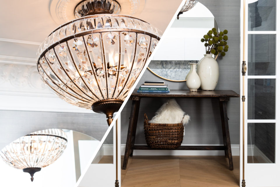 Parisian apartment styled foyer inspirational vignette inside of Divine Flooring's flagship showroom