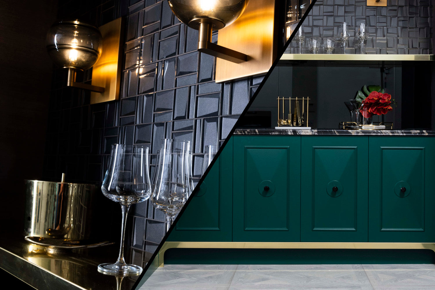 Split Image of a Hollywood Regency Inspired Bar at the Flagship Showroom of Divine Flooring