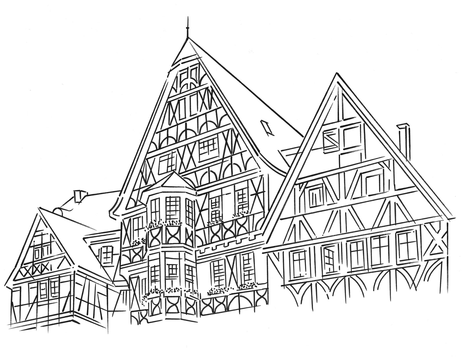 Engraved illustration of a german style house
