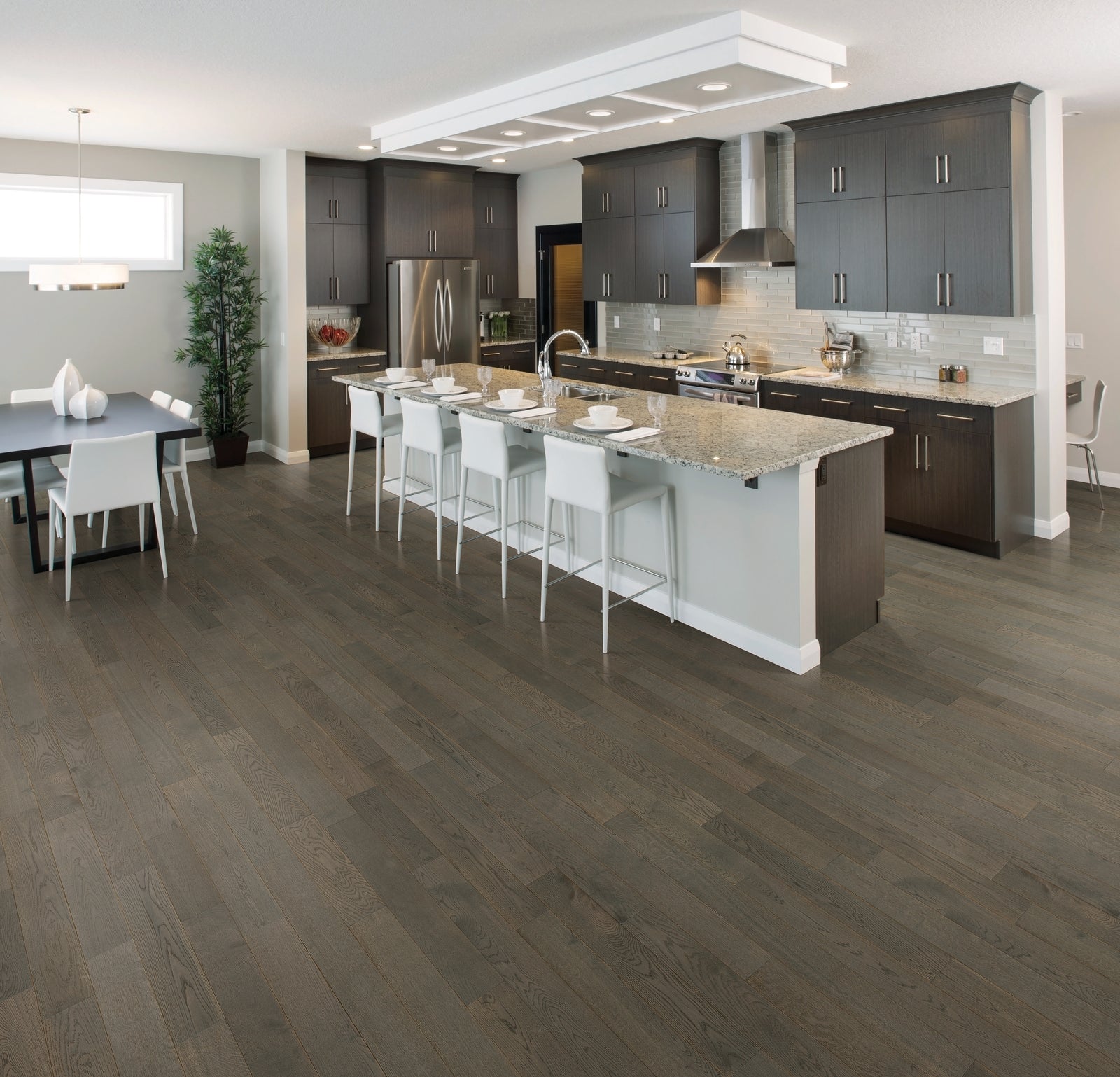 Dark wood flooring with a horizontal pattern