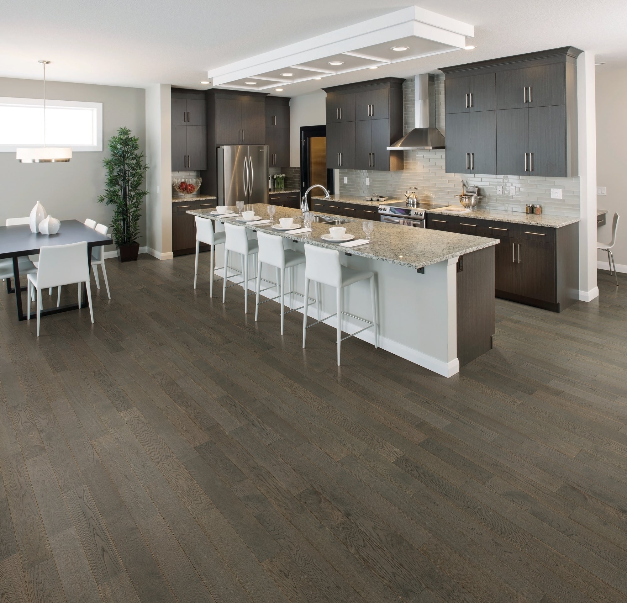 Dark wood flooring with a horizontal pattern