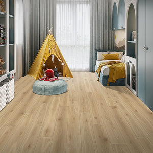 Natural toned oak grain laminate floors installed inside a childs bedroom with play tent