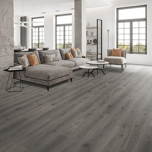 Medium grey toned oak laminate flooring in a casual modern space