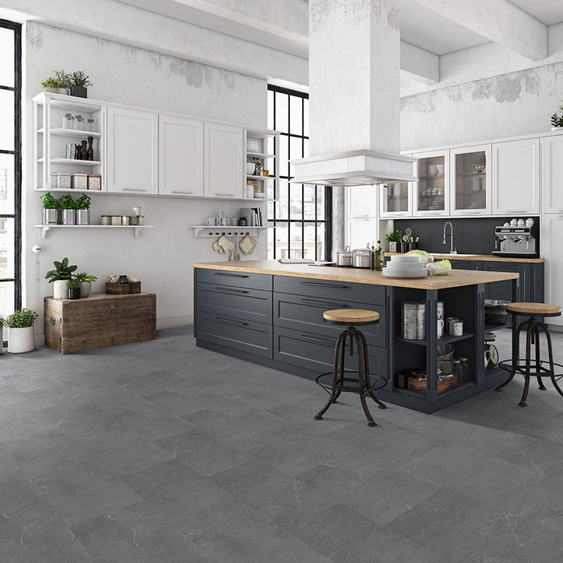 Dark grey stone look luxury vinyl tiles