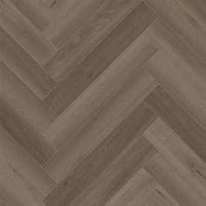Dark wood herringbone flooring with rich brown tones and natural grain texture.