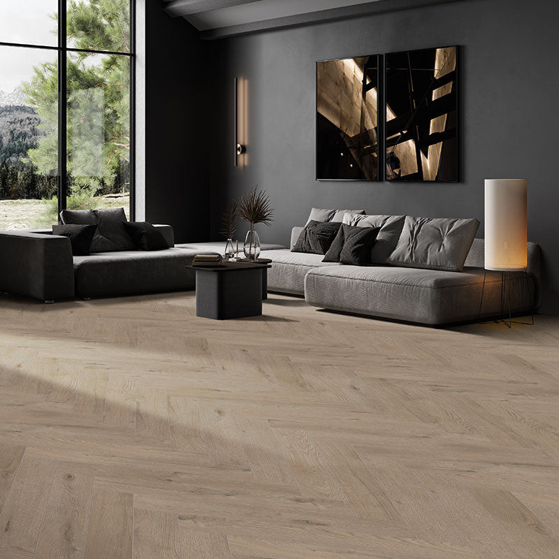 Photo of vinyl herringbone floors with an oak grain pattern