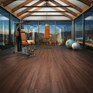 Gym interior with fitness equipment and cityscape view
