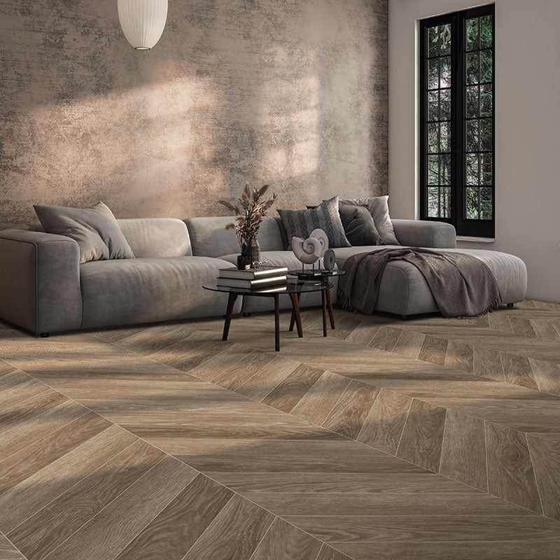 Brown toned oak grain vinyl chevron floors