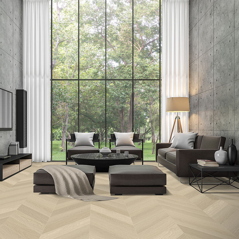 Light toned oak grain vinyl chevron floors