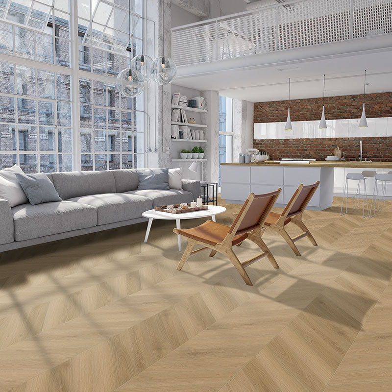 Natural toned oak grain vinyl chevron floors