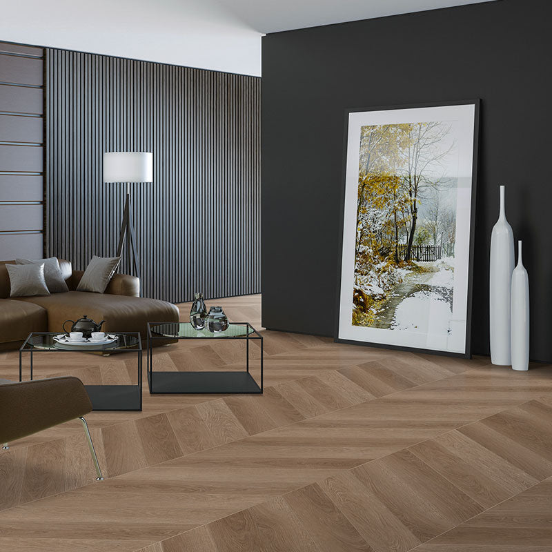 Mid toned oak grain vinyl chevron floor planks