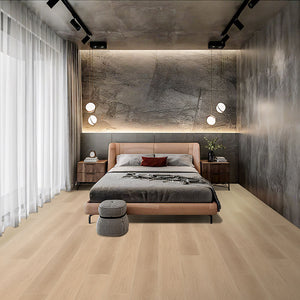 Natural toned oak grain vinyl floor planks in a bedroom