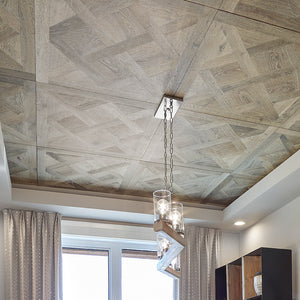 Louis XIV Lorraine French White Oak Hardwood Parquet installed on ceiling with suspended lighting