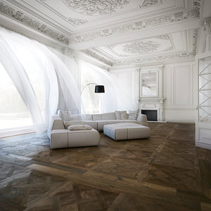Louis XIV Castillon French White Oak Parquet Hardwood in a French Living Room with Ornate Molding