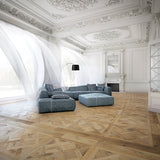 Louis XIV Champagne French White Oak Parquet Hardwood in a French Living Room with Ornate Molding