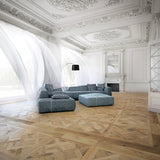 Louis XIV Champagne French White Oak Hardwood in a French Living Room with Ornate Molding