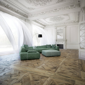 Louis XIV Lorraine French White Oak Hardwood Parquet in a French Living Room with Ornate Molding