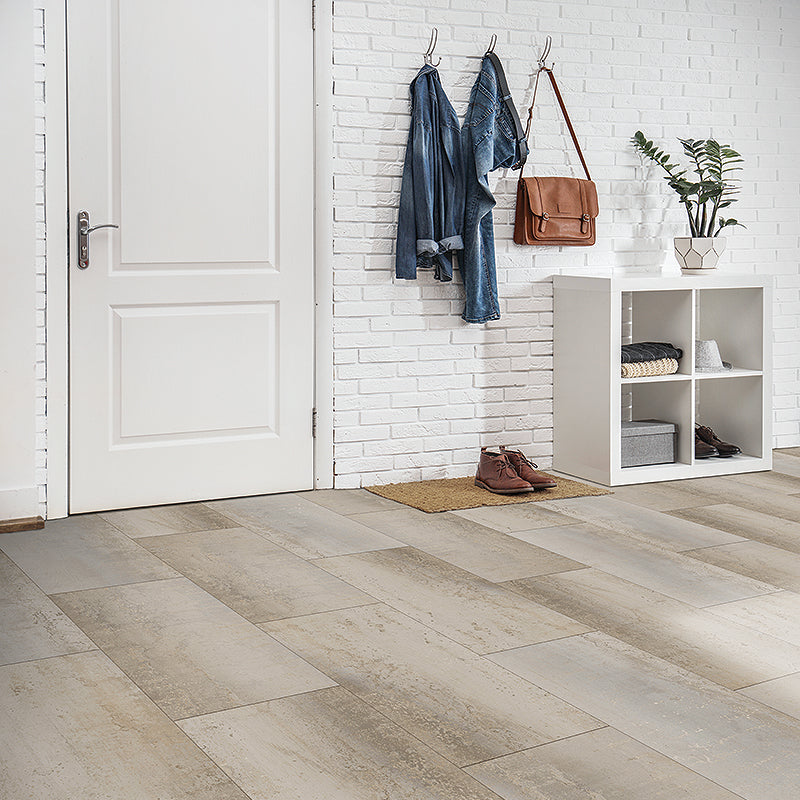 Sylvia Scarlett concrete look in luxury vinyl tile flooring