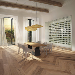 Farmhouse Vernazza European Oak Hardwood Herringbone in a Contemporary Dining Room